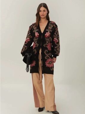 Farm Rio Black Ravenala Knit Midi Cardigan Small Orig $270 Gorgeous! 🌺